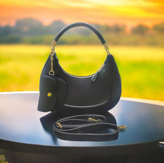 Premium Black Crescent Shoulder Bag with Matching Coin Wallet