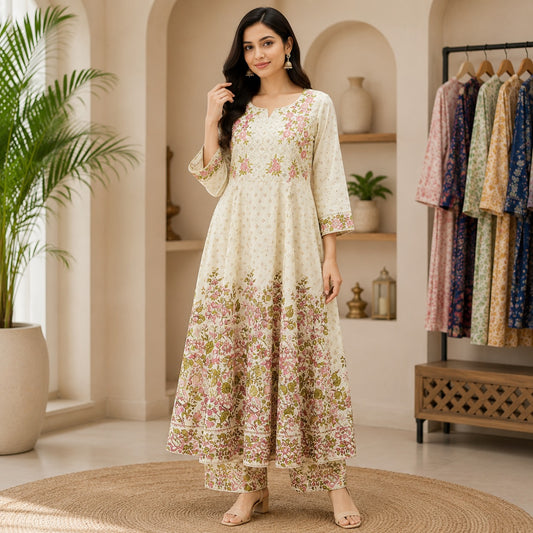 Women's Cotton Floral Print Anarkali Frock Suit Set with Matching Pants