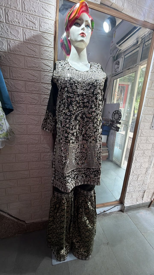 Black Heavy Embroidered Kurta Sharara Set