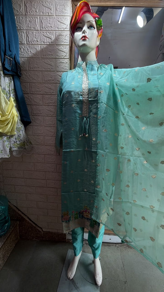 Banarsi silk sea green thread work straight pent or dupatta