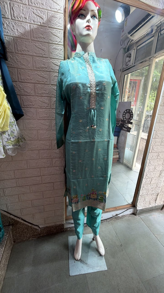 Banarsi silk sea green thread work straight pent or dupatta