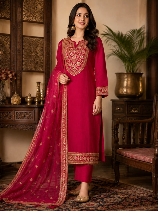 Ruby Red Embroidered 3-Piece Suit