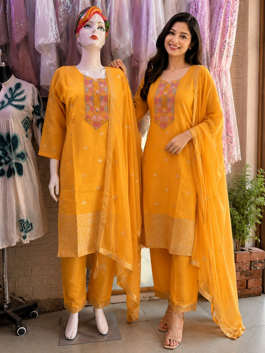Mustard Yellow Embroidered 3-Piece Suit