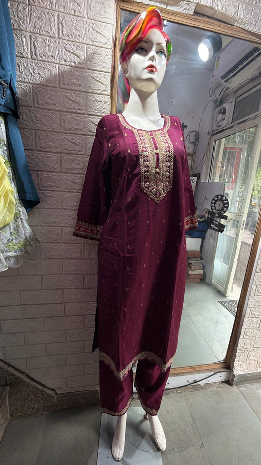 Women's Maroon Embroidered Kurta Pant Set with heavy dupatta