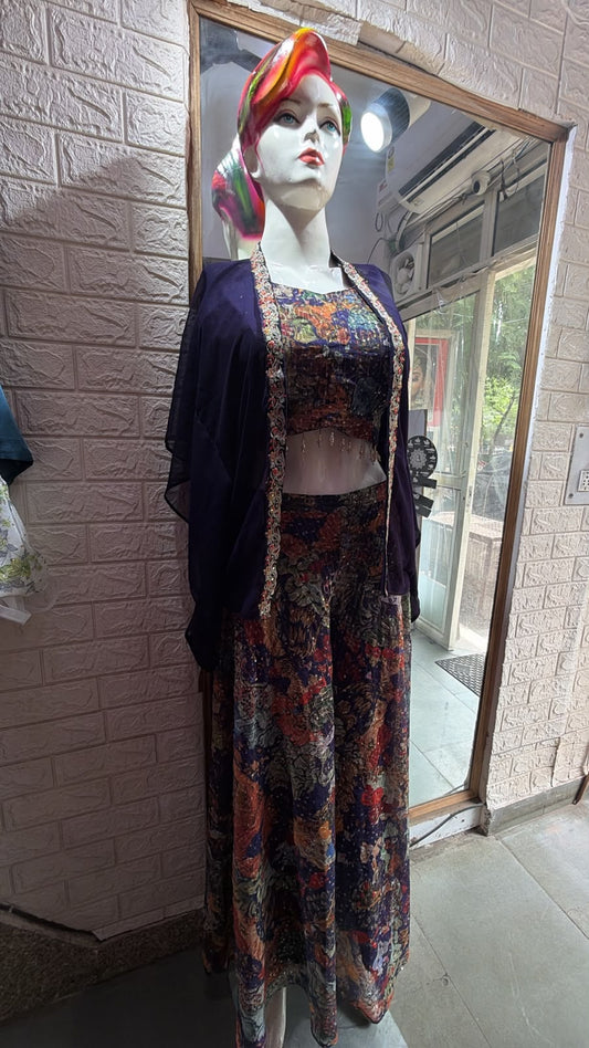 Women's Printed Crop Top & Palazzo Set with Shrug