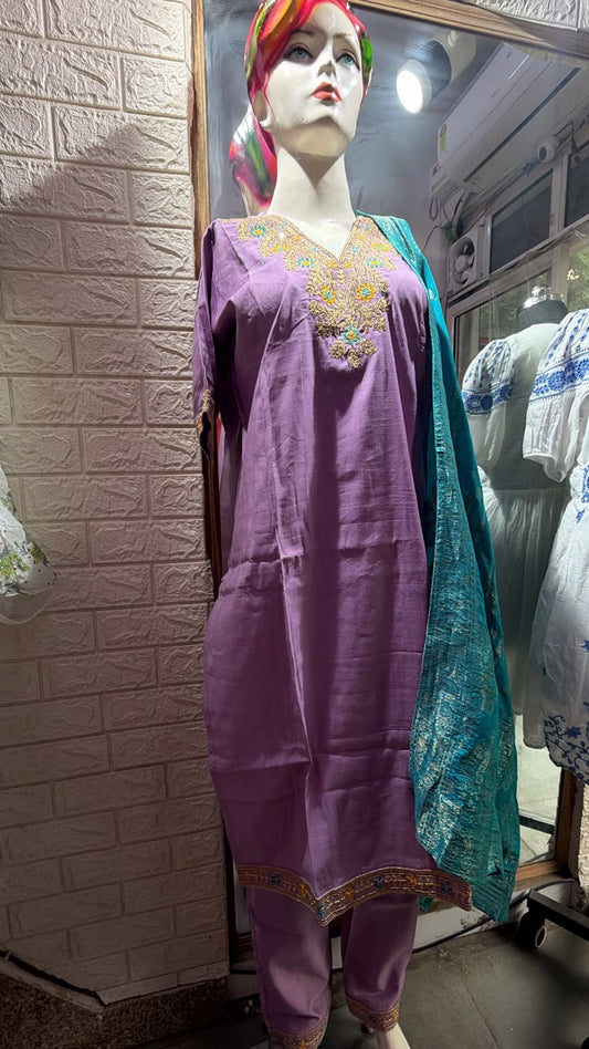 Designer Lavender Kurta Pant Set with Contrast Blue Dupatta