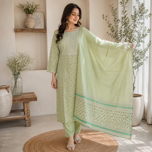 Mint Green Embroidered Cotton Suit Set