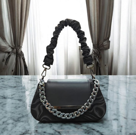 Women's Black Chain Shoulder Bag with Ruched Handle