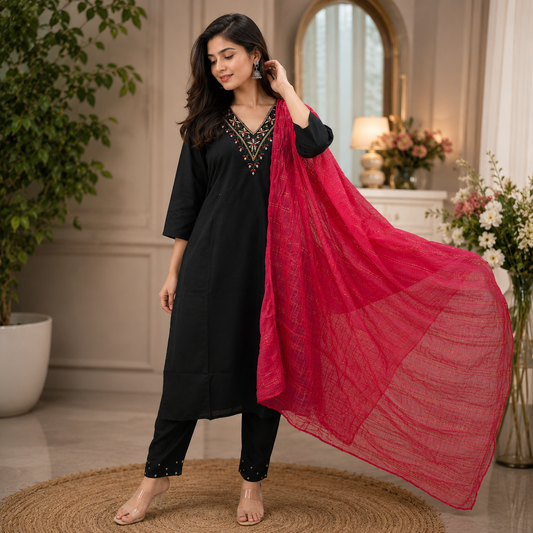 Black Embroidered Kurta Set with Pink Dupatta for Women