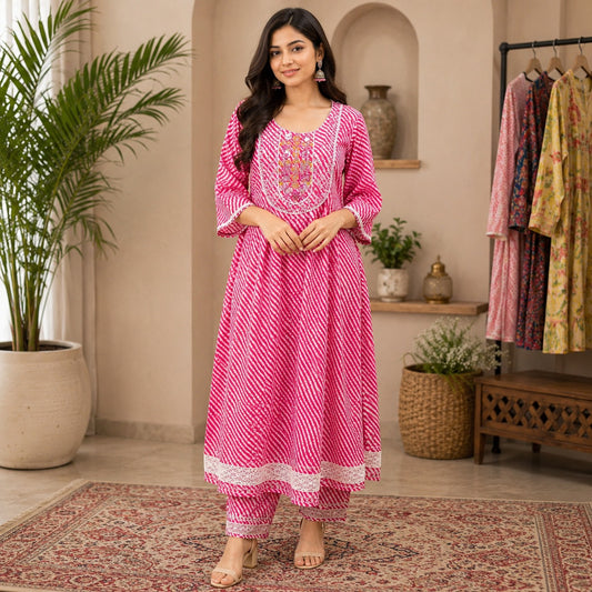 Cotton Leheriya Print Embroidered Frock Suit Set for Women