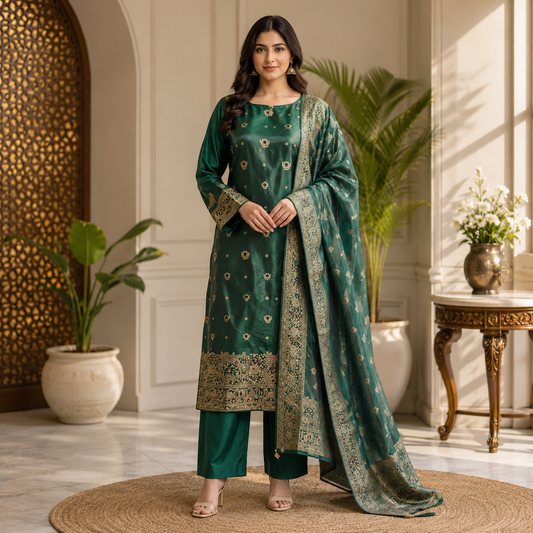Emerald Elegance Woven Suit Set