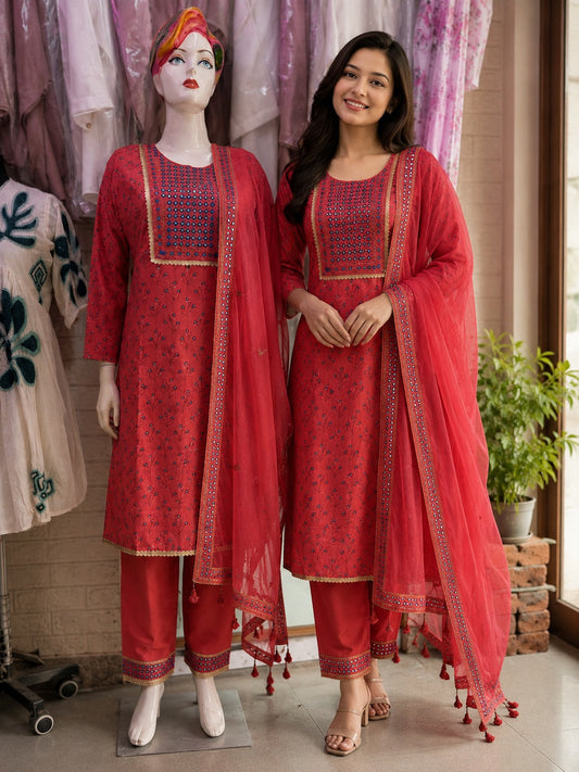 Ruby Red Embroidered 3-Piece Suit