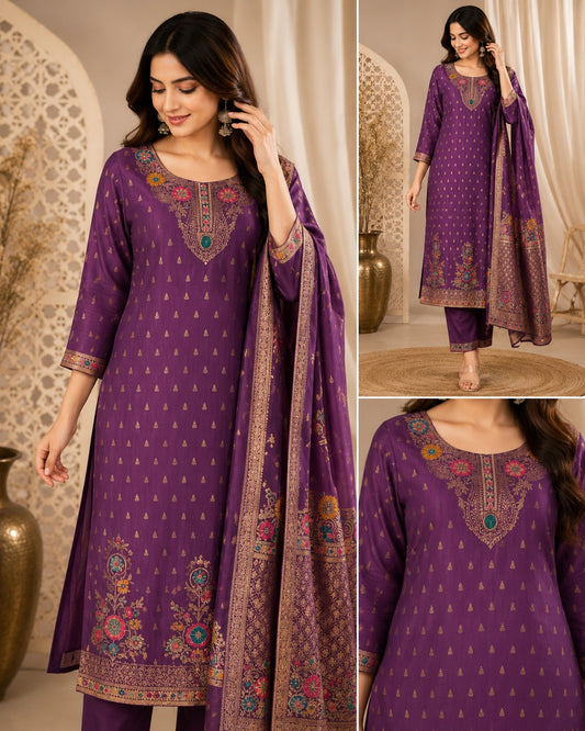 Women's Purple Printed Kurta Pant Dupatta Set