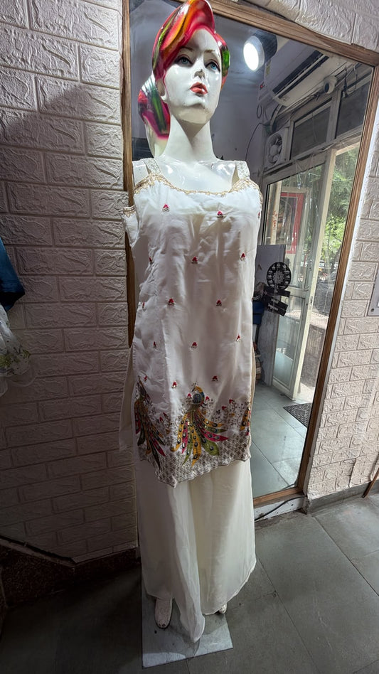 Women's White Embroidered Kurta Palazzo Set