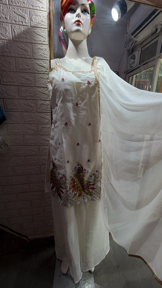 Women's White Embroidered Kurta Palazzo Set