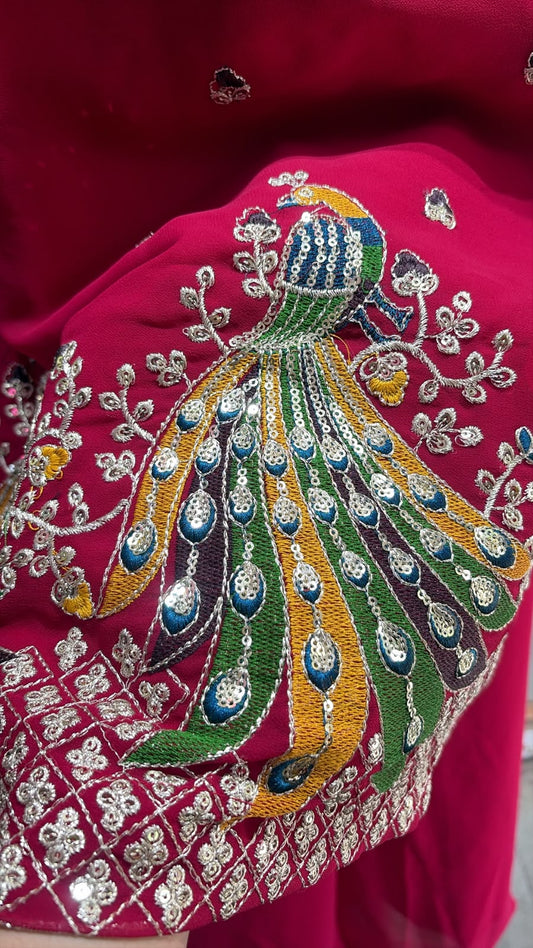 Women's Rani Pink Peacock Embroidered Suit Set
