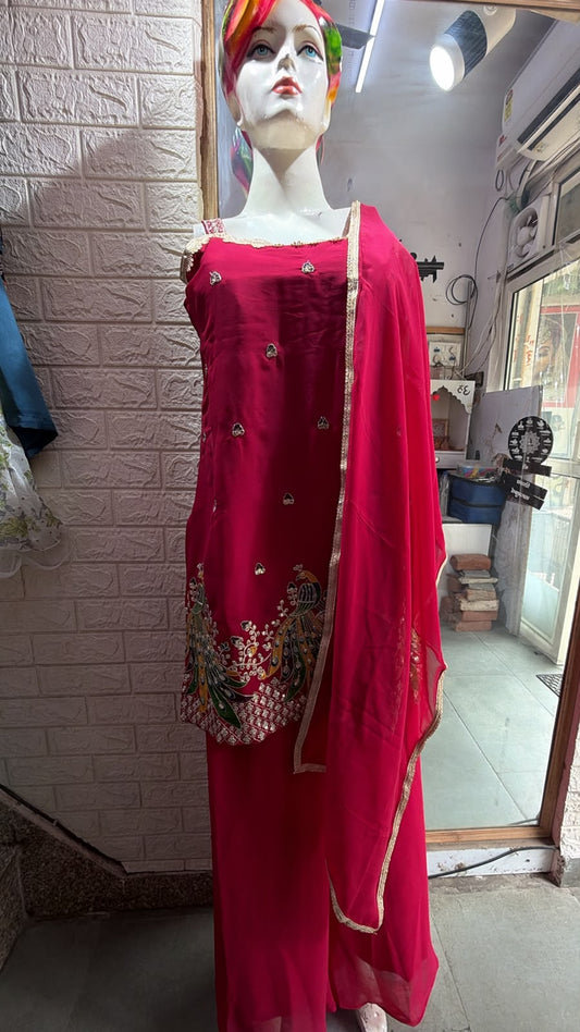Women's Rani Pink Peacock Embroidered Suit Set