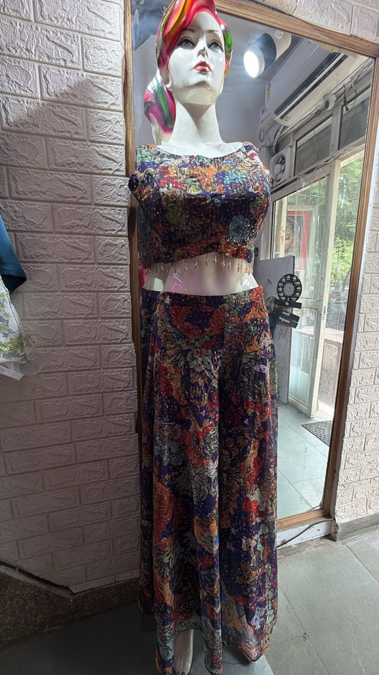 Women's Printed Crop Top & Palazzo Set with Shrug