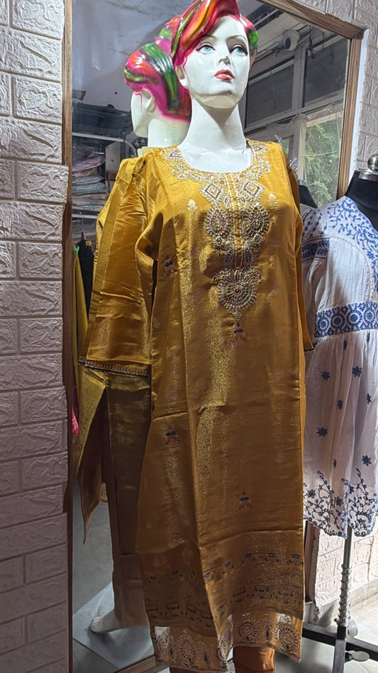 Mustard yellow shimar cotton. With pant or dupatta and thread work neck , sleeves