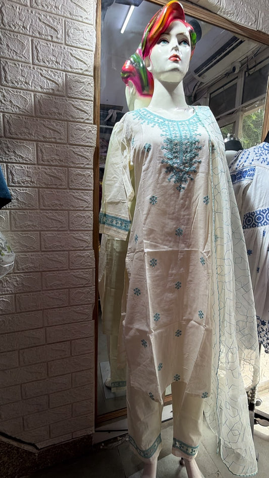 Pure cotton  with sky blue colour embroidery   Kurta , pant or net dupatta