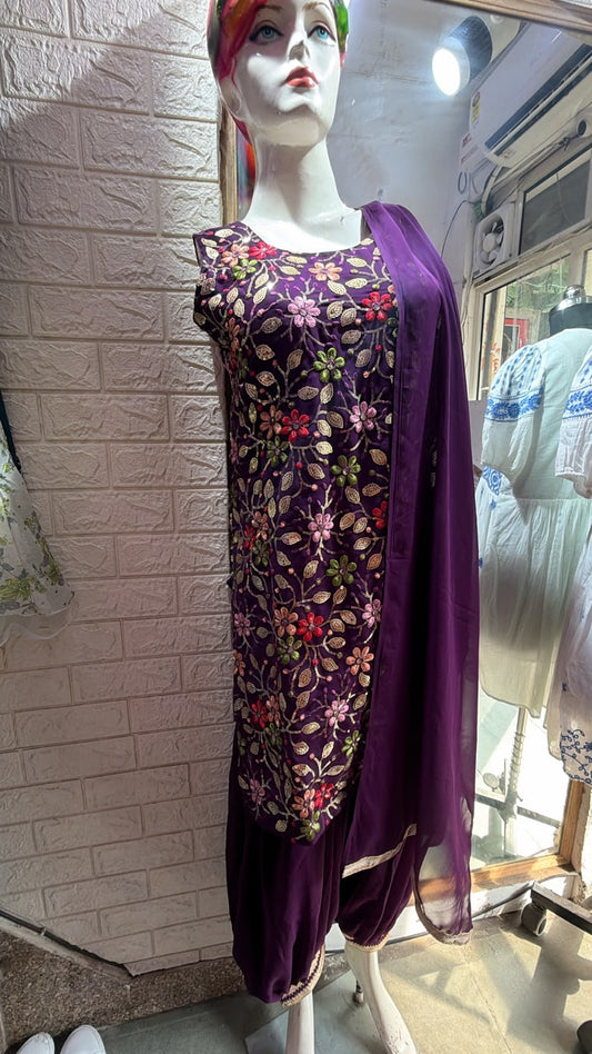 Elegant Purple Phulkari Style Suit Set