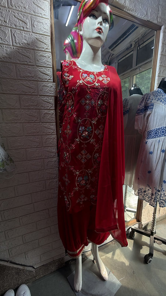 Designer red Floral Patiala Suit