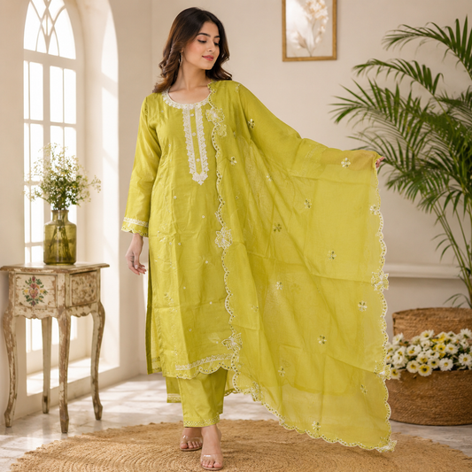 Women's Premium Lime Green Embroidered Kurta Pant & Dupatta Set