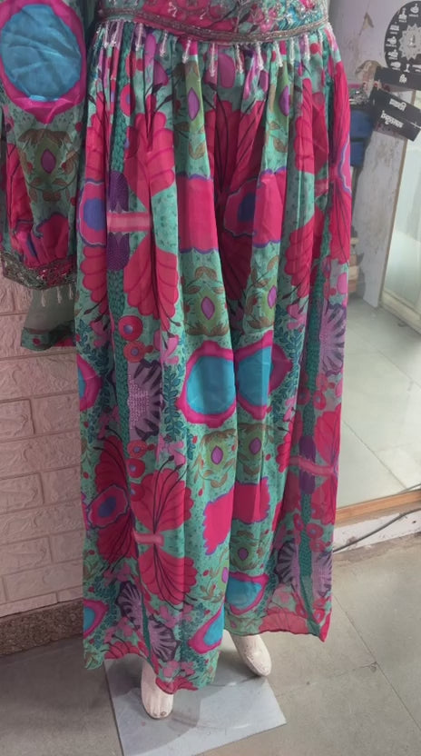 One side sleeve and one side Dori crop top and palazzo with net dupatta
