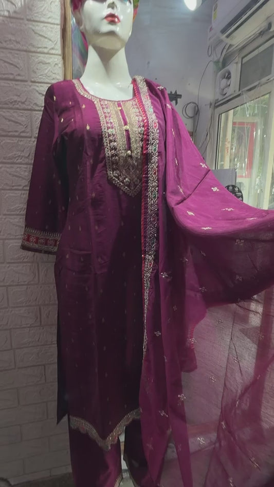 Women's Maroon Embroidered Kurta Pant Set with heavy dupatta