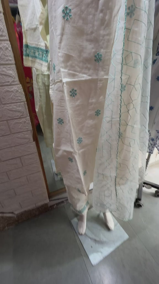 Pure cotton  with sky blue colour embroidery   Kurta , pant or net dupatta