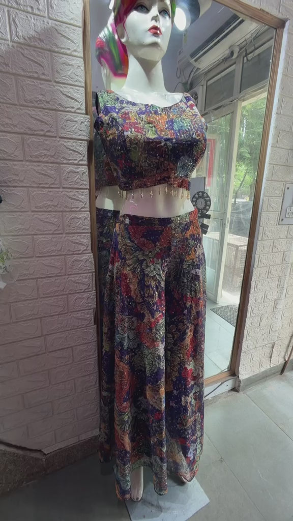 Women's Printed Crop Top & Palazzo Set with Shrug